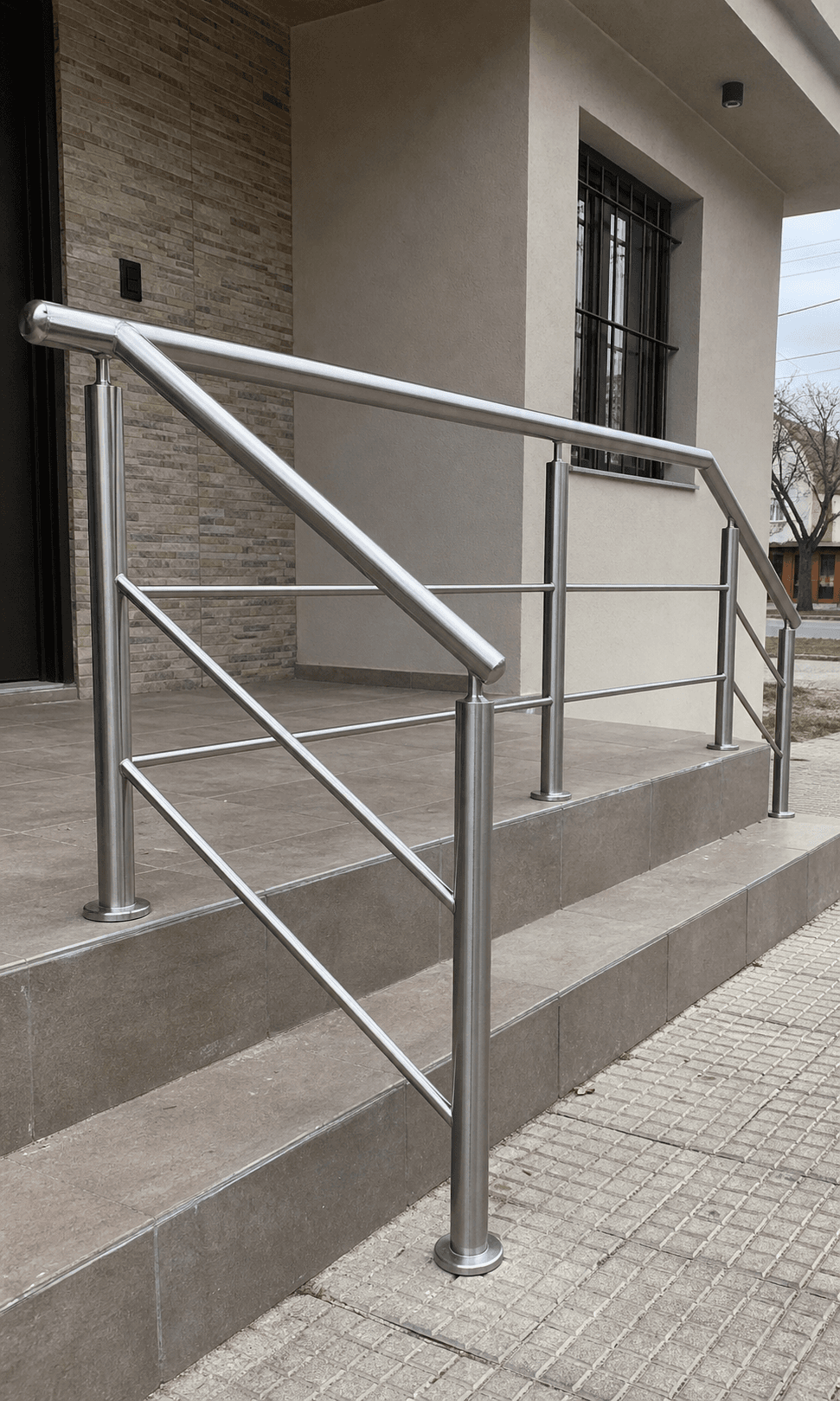 Baranda y pasamanos de acero inoxidable instalados en los escalones de acceso a una vivienda
