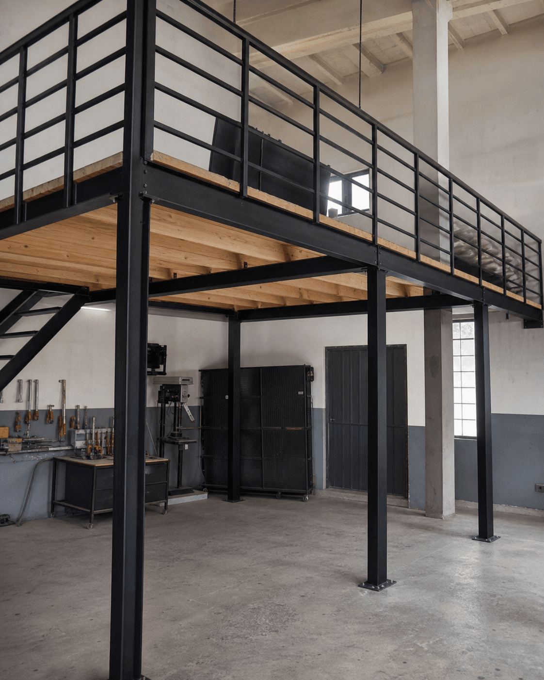 Entrepiso de estructura metálica con piso de madera instalado en un taller