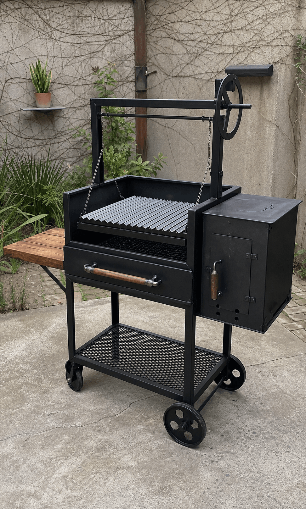 Parrilla móvil de hierro negro con fogonero lateral y ruedas